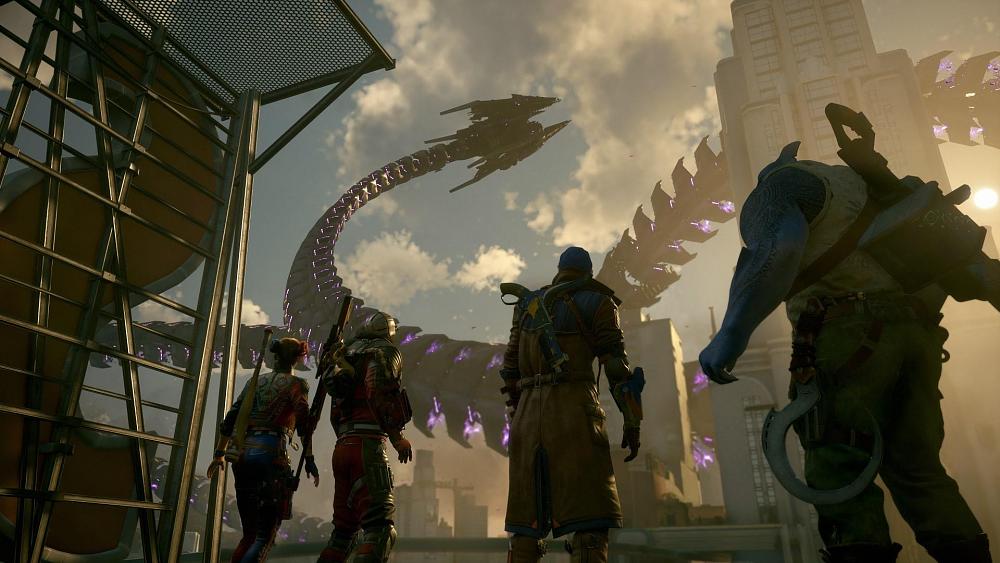 Four members of the Suicide Squad, 3 humans and a walking shark, looking out at a giant mechanical tentacle destroying a city.
