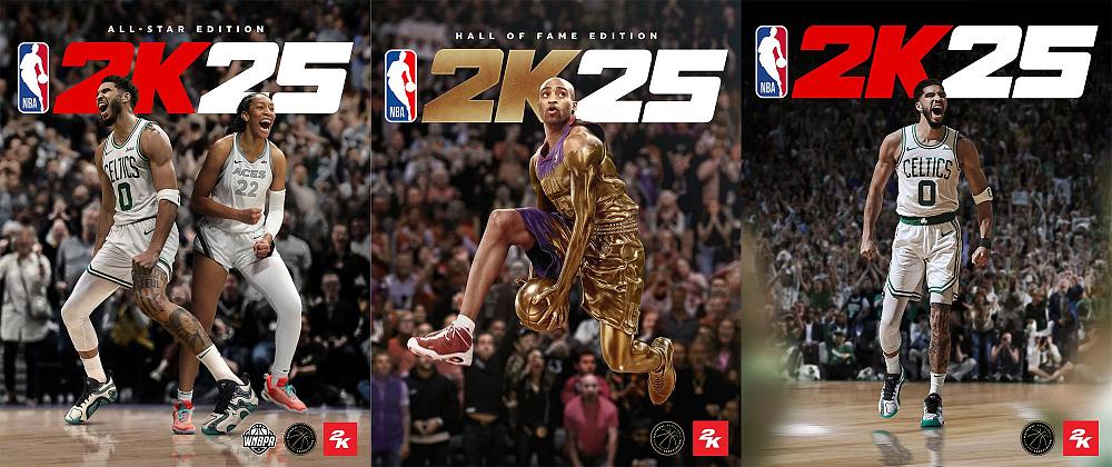 Three different covers for NBA 2K25 featuring 4 different professional basketball players, two of which are the same athlete, and one of which is a WNBA player.