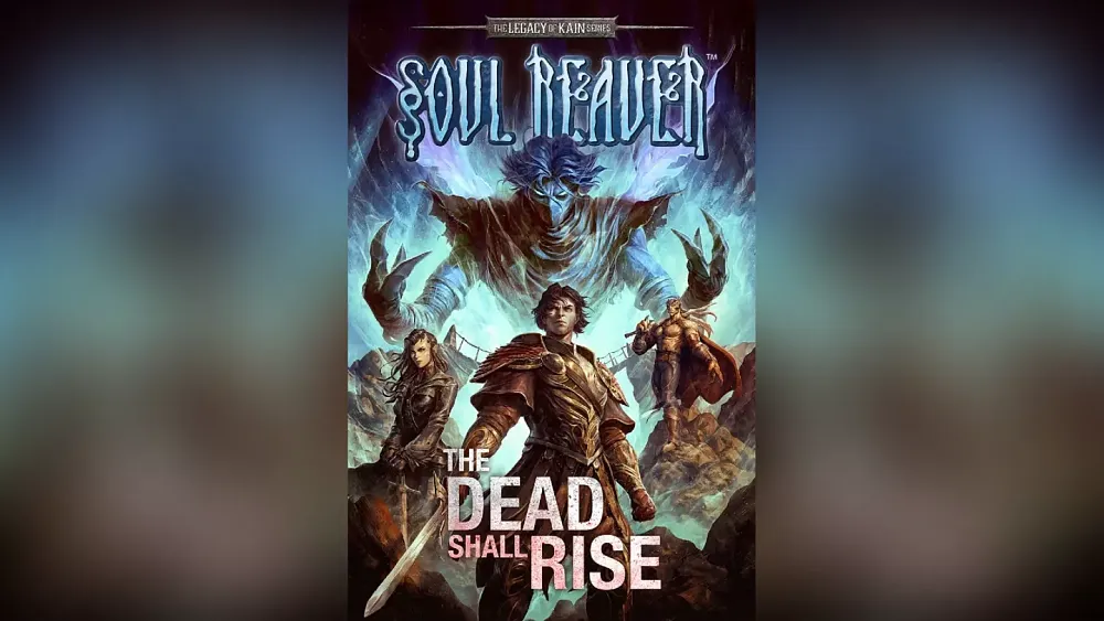 The Legacy of Kain series. Soul Reaver - The Dead Shall Rise. Image shows three human warriors, two buff males and a female, as a humanoid blue demon wearing a mask looms behind them.