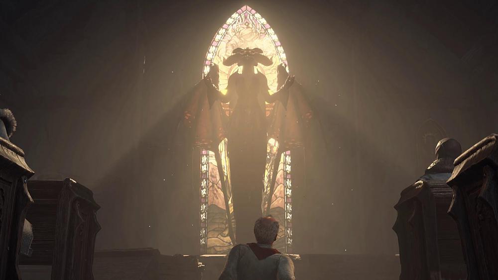 A winged demon appearing in a church.
