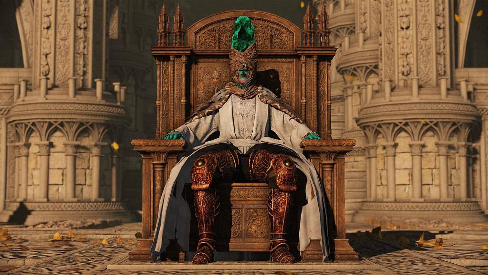 Screenshot from Elden Ring showing a player character sitting in a throne.