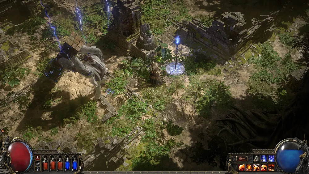 Screenshot from the action RPG game Path of Exile 2 showing a jungle environment with a player battling a giant creature that is holding a pillar as a weapon.