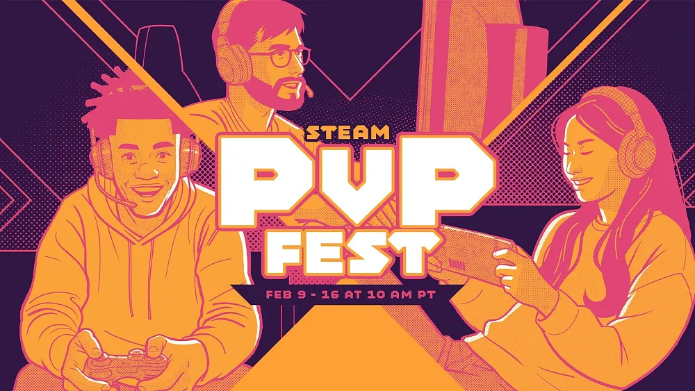Art showing players on various platforms. The promo is for the Steam PvP Fest running from February 9 at 10 AM PT until February 16 at 10 AM PT.