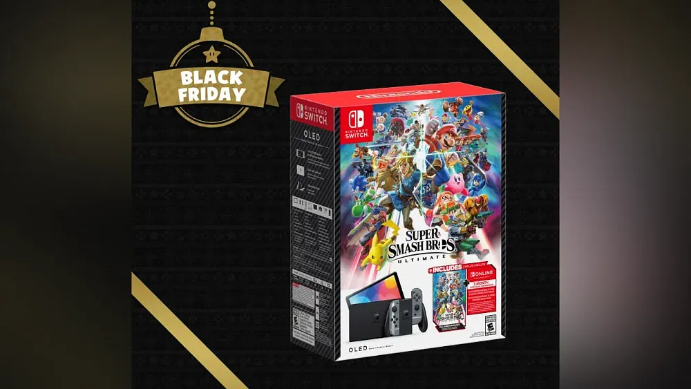 Promo shot showing a new Nintendo Switch OLED bundle with Super Smash Bros. Ultimate.