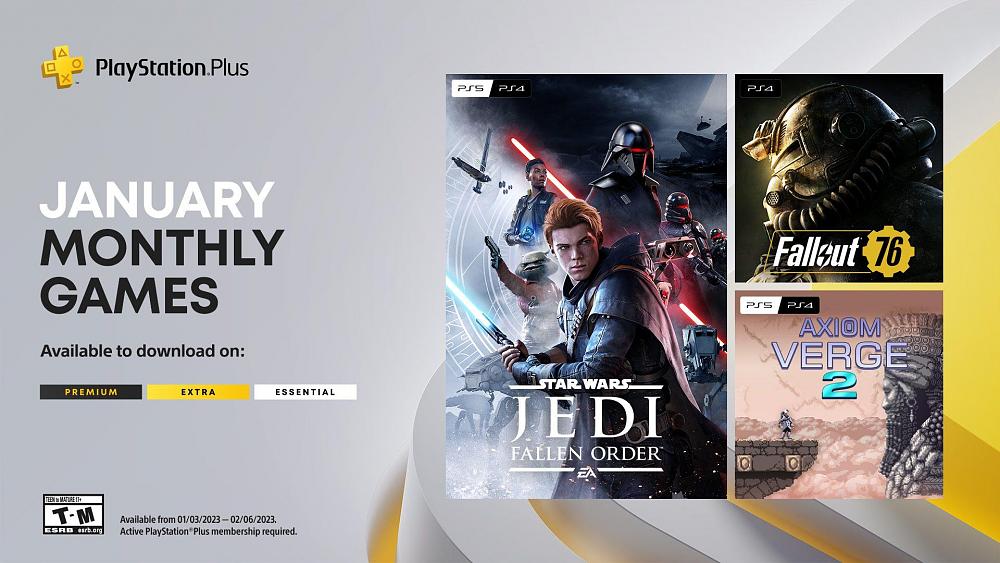 Image showing the free PlayStation Plus games for January 2023, including Star Wars Jedi: Fallen Order, Fallout 76, and Axiom Verge 2.