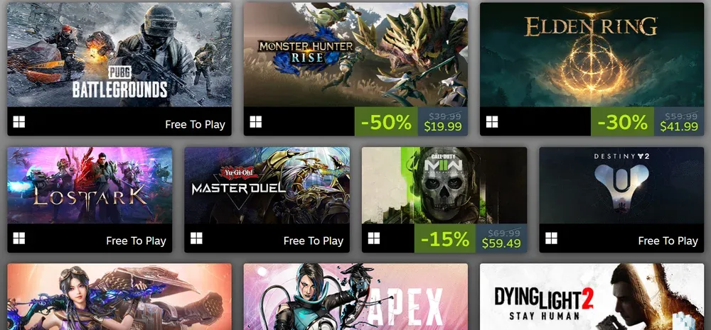Various video game covers from the top selling games sold on Steam.