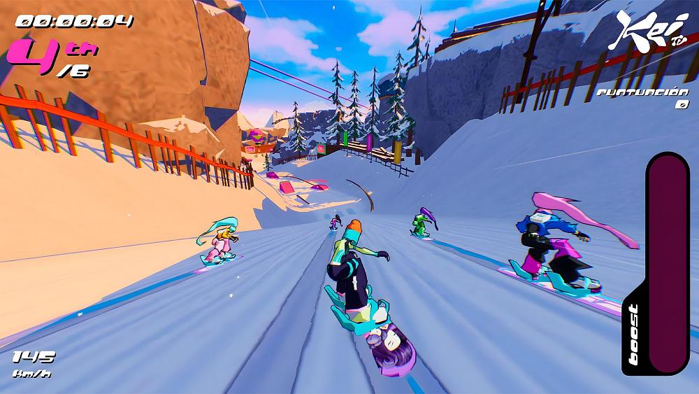 A snowboarding game. The image shows several snowboarders speeding down a track with a cel-shaded visual art style.