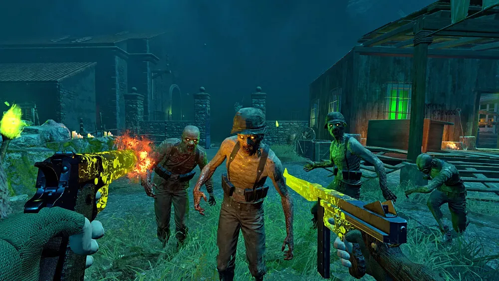 First-person view of a player dual-wielding guns against evil zombies in a spooky environment.