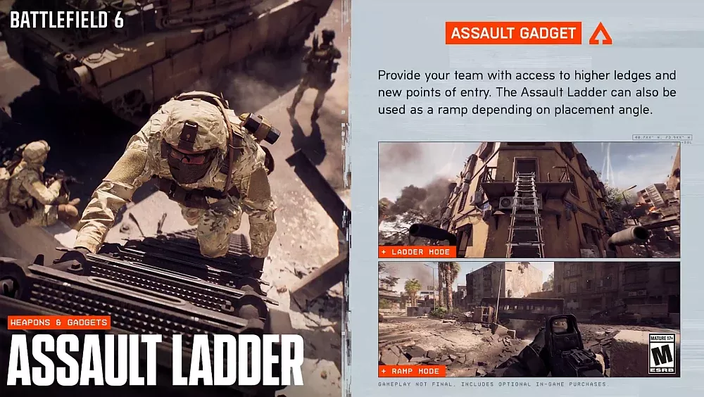 A look at the Assault Ladder for Battlefield 6 showing how it can be used to climb or serve as a platform and ramp.