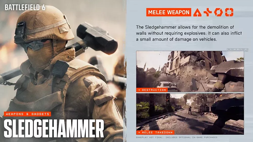 An image explaining and showing how the Sledgehammer tool works in Battlefield 6, noting that it can take out walls, inflict damage on vehicles, and melee attack enemies.