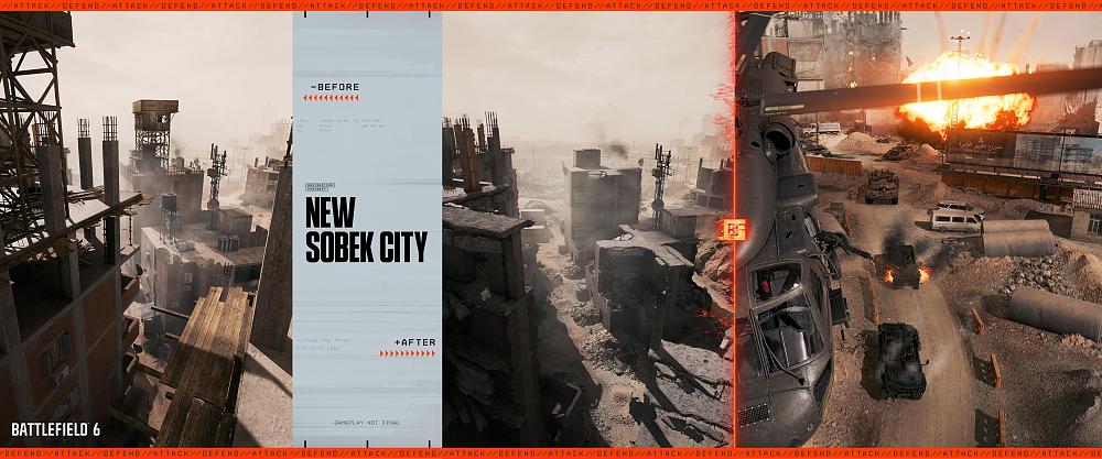 A look at a multiplayer map for Battlefield 6. Part of the image shows what a section of the map looks like prior to destruction, another is the same area after being destroyed by war. The final section shows a line of vehicles, an explosion, and a helicopter flying towards the camera.