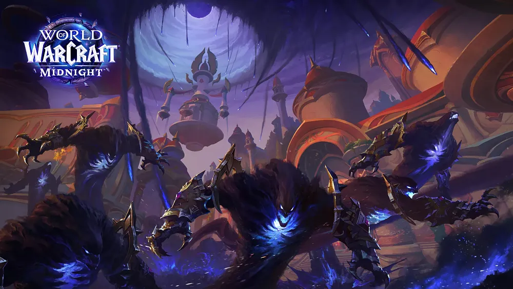 Art showing several dark vortex void monsters angrily rampaging through a fantasy city with some floating sections.