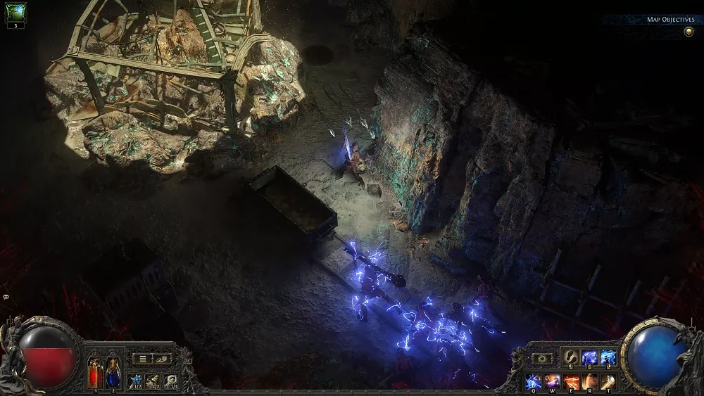Gameplay view of the new Huntress class for Path of Exile 2, showing isometric view and several UI elements on the screen.