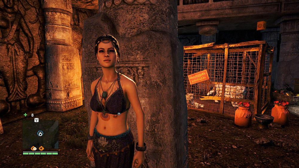 A woman in Far Cry 4 wearing a bikini-style top. This woman was previously nude from the waist up before Ubisoft accidentally censored the game.