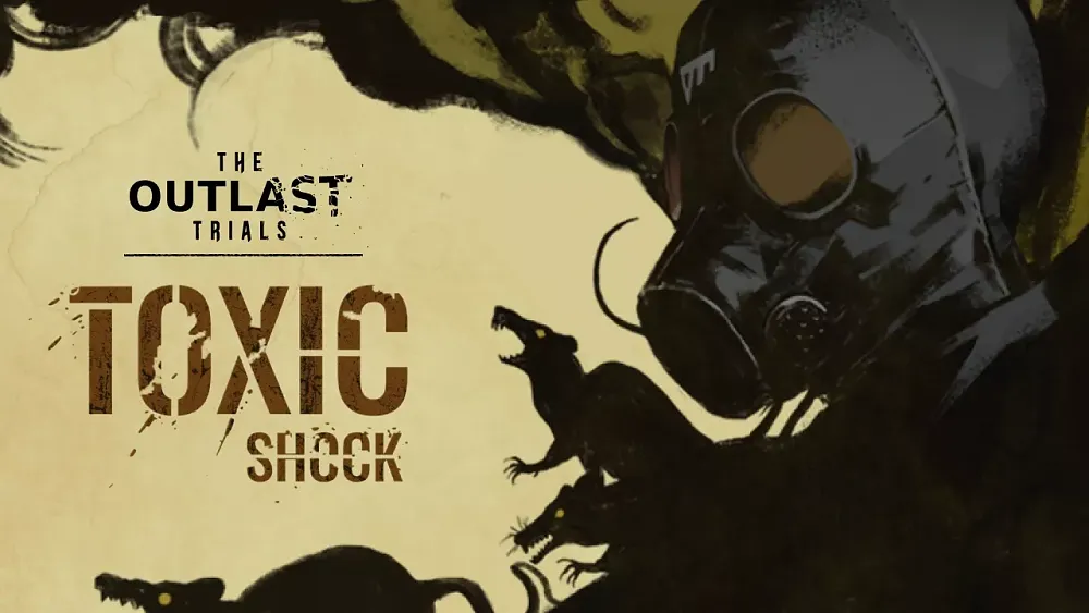 Text: The Outlast Trials: Toxic Shock. Image shows angry rats and a side profile of a person wearing a gas mask.