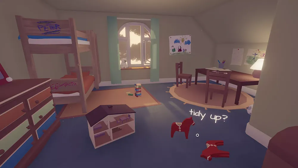 A minimalistic scene of a children's play room with the option to "tidy up" shown.