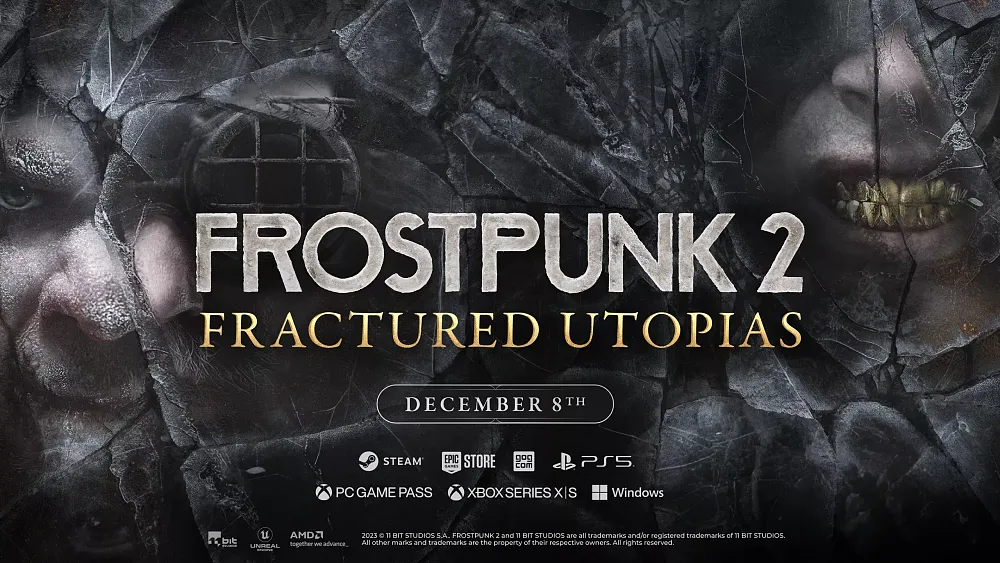 Art for the Fractured Utopias DLC for Frostpunk 2 promoting a December 8th release on PC and consoles.