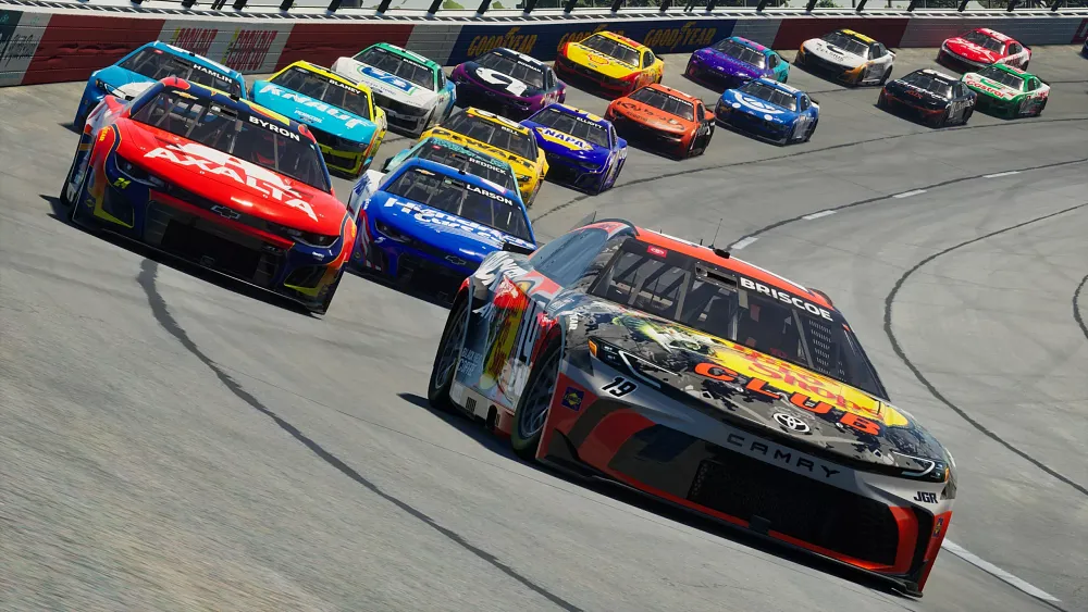 NASCAR cars on a race track. It's a screenshot from NASCAR 25.