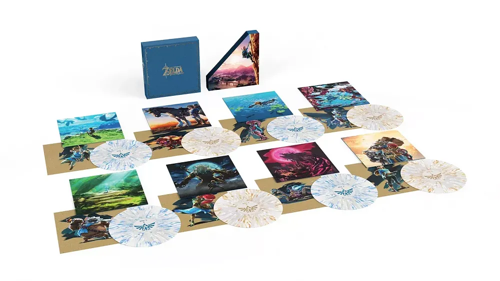 Image showing the LPs and artistic sleeves for the 8-LP box set of The Legend of Zelda: Breath of the Wild vinyl soundtrack.
