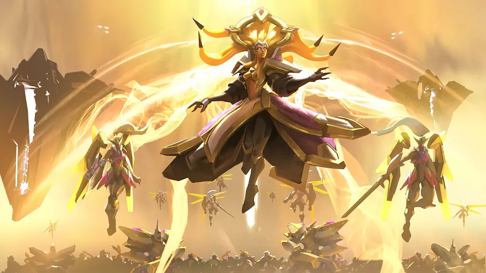 Art for the Celestial Armada race in Stormgate, showing angelic like aliens.