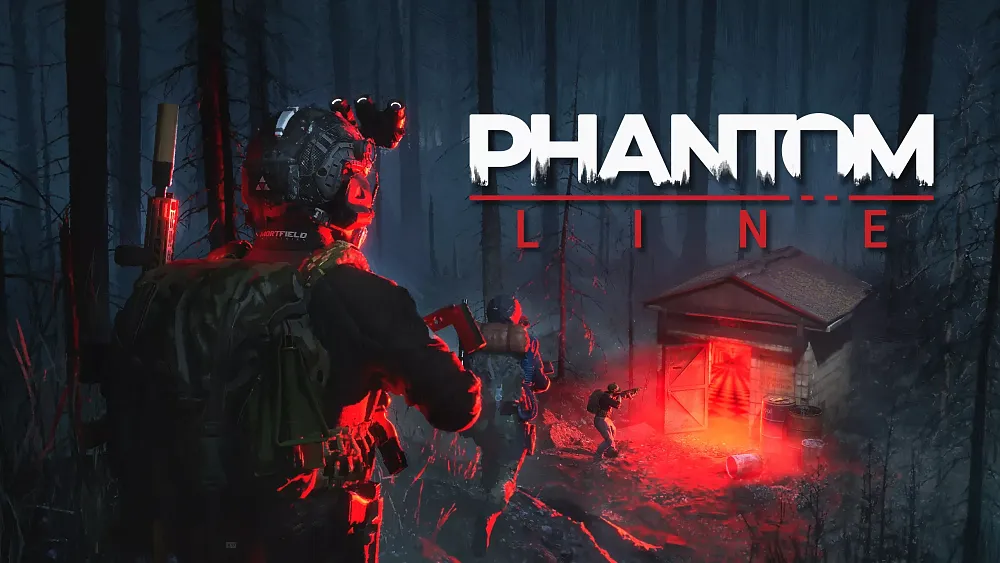 Key art showing the title Phantom Line as well as paranormal hunting soldiers in a dark, spooky environment.