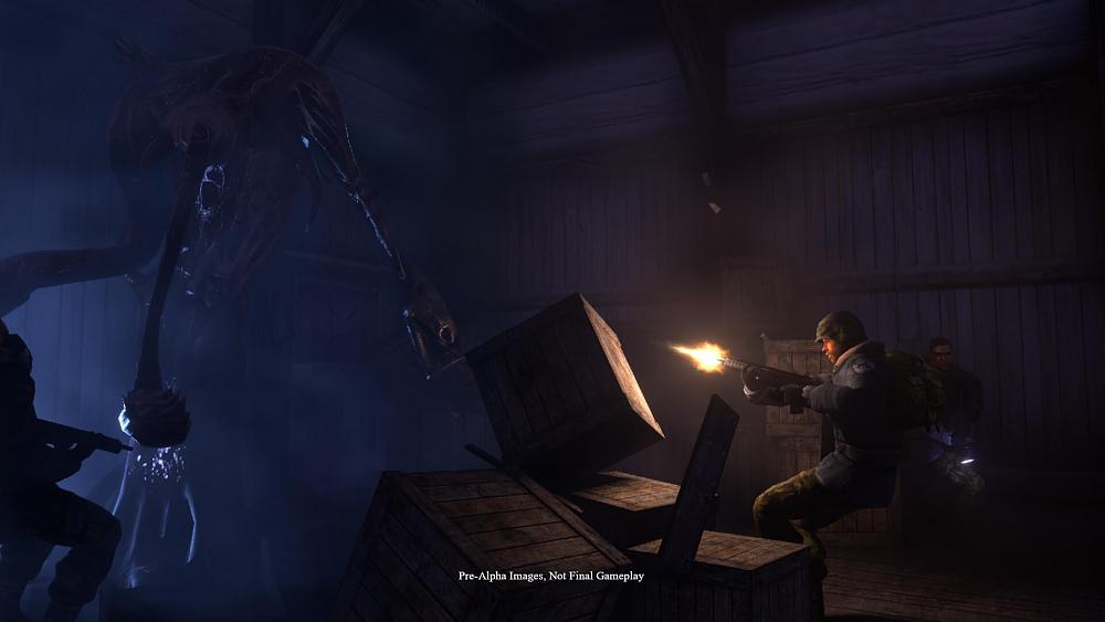 Soldiers opening fire at some tall alien creature.