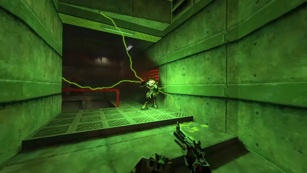 A reflective revolver shooting at an alien as it shoots out green lightning.