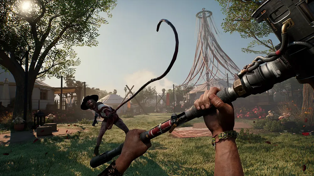 An enemy whipping at the player character in a zombie apocalypse.