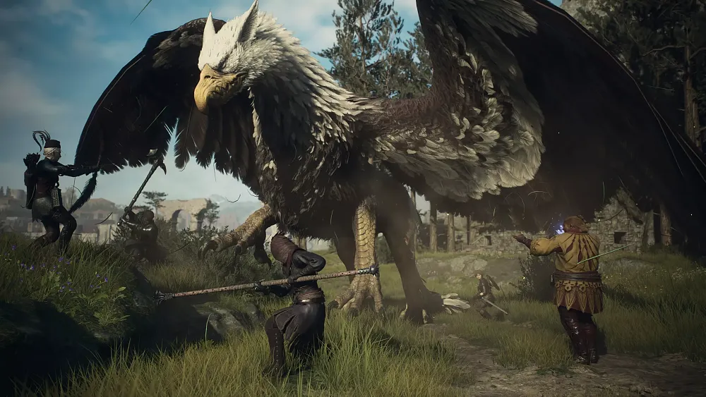 A team of fighters take on a giant griffon.