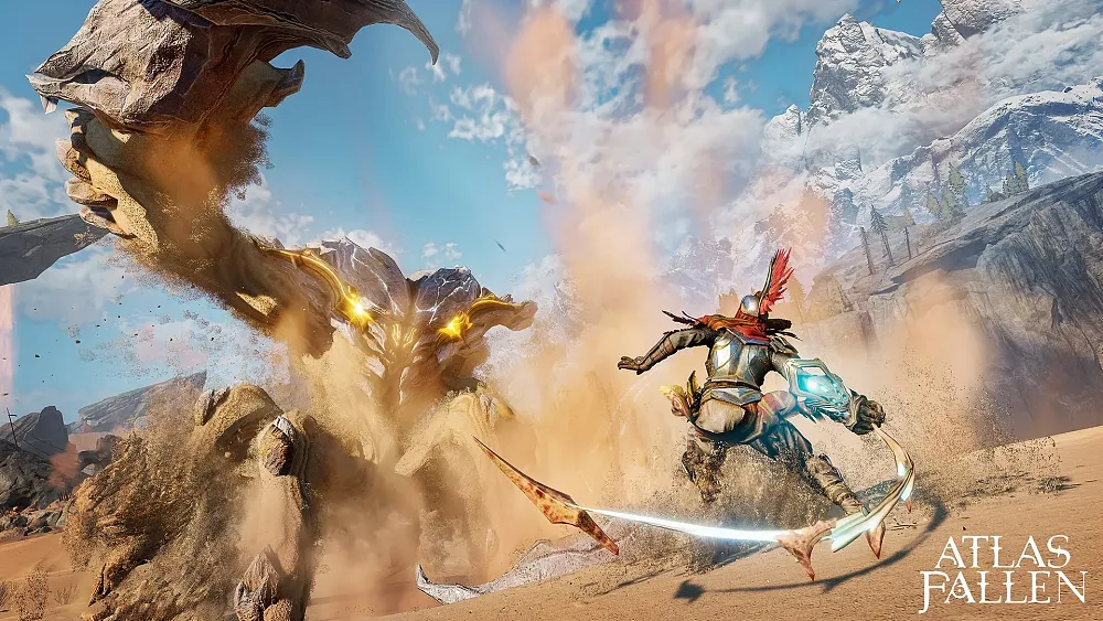 An armored human swings a whip made partially of light at a giant creature rising up out of a desert.