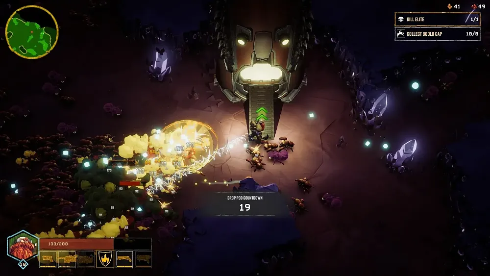 Isometric angle showing a dwarf deep in a mine firing off a lot of rounds at evil alien creatures.
