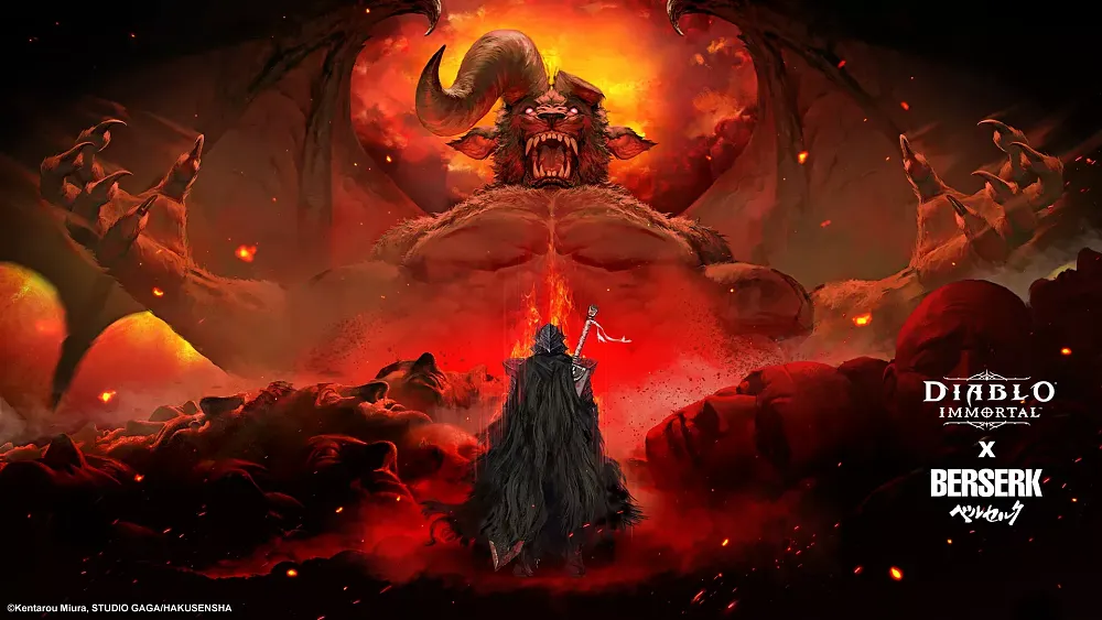 Artwork showing the collaboration between Diablo Immortal and Berserk showing a giant demon in the background and a person with a long cloak and giant sword facing it.