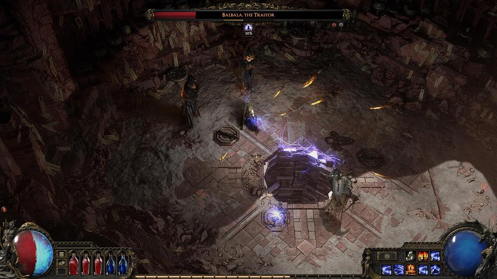 A screenshot of a character vs boss fight from an early build of the action-RPG Path of Exile 2.