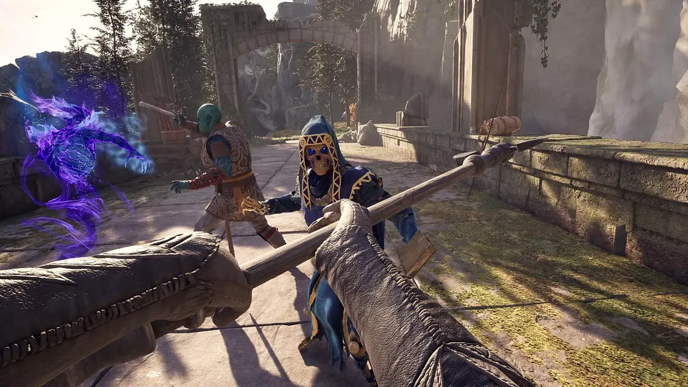 Screenshot showing the player fighting a skeleton mage.