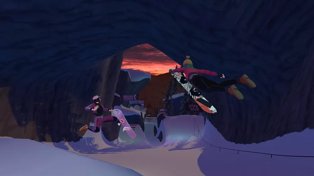 A snowboarder pulling off a stylish trick in a video game.