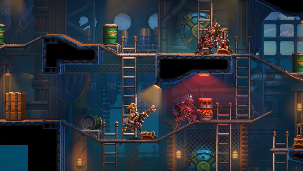 Image of a 2D side-scrolling game featuring robots with weapons and a bunch of ladders connecting various levels of metal walkways.