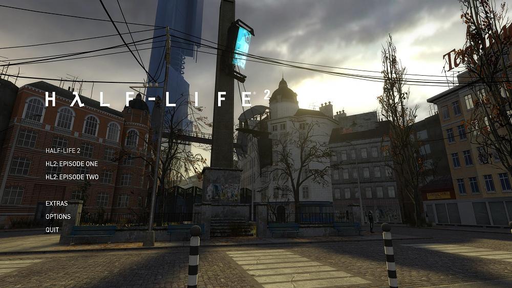 The main menu of Half-Life 2 as it appears following the 20th anniversary update, including options for Episode One and Episode Two.