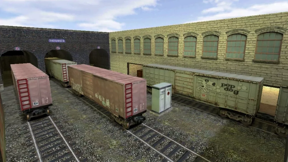 Screenshot of a trainyard from the Counter-Strike 1.6 map de_train also known as Train.
