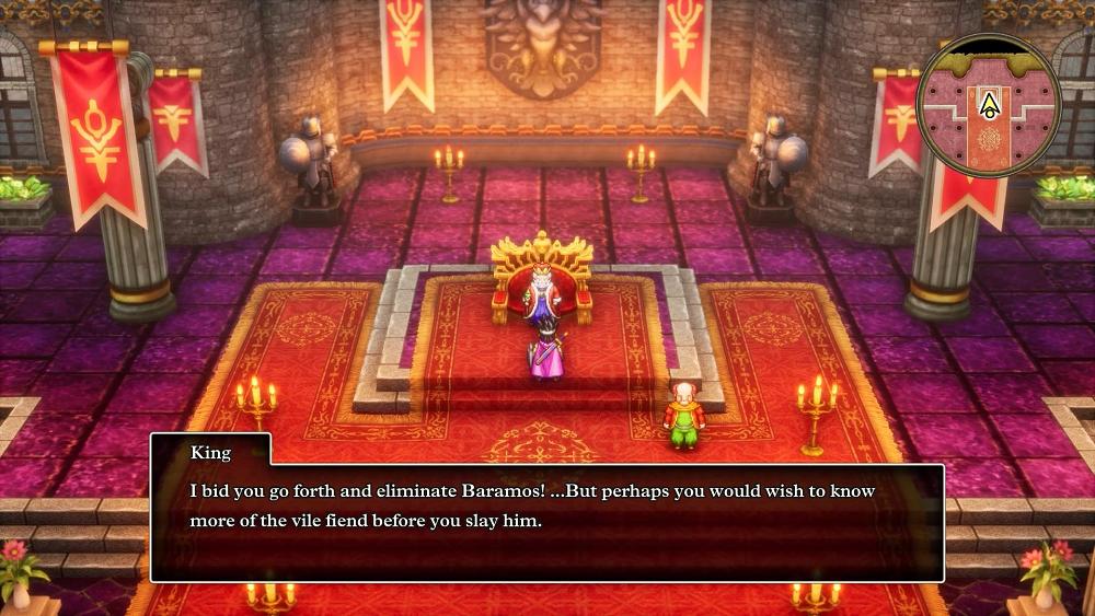 A screenshot from the remake for Dragon Quest 3 showing a story scene and dialogue box..