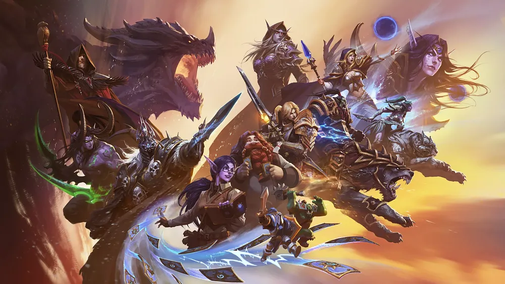 Art depicting 30 years of the Warcraft franchise showing multiple characters and heroes from the various games.