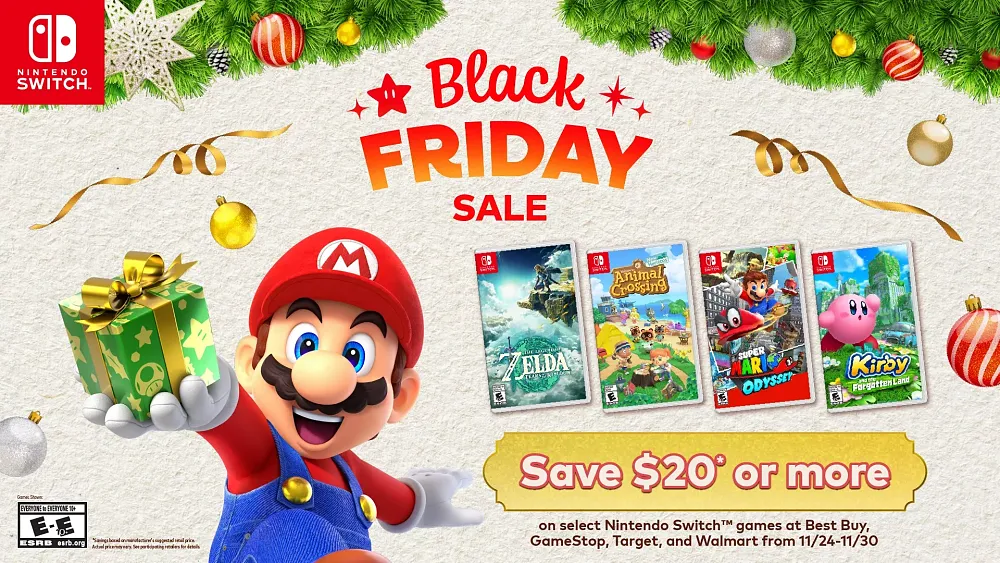 Image showing some of the games on sale for Nintendo's Black Friday deals including The Legend of Zelda: Tears of the Kingdom, Super Mario Maker 2, Super Mario Odyssey, and more.