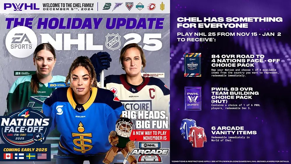 Image promoting the addition of the Professional Women's Hockey League coming to NHL 25, plus other holiday updates such as NHL Arcade and some freebies.