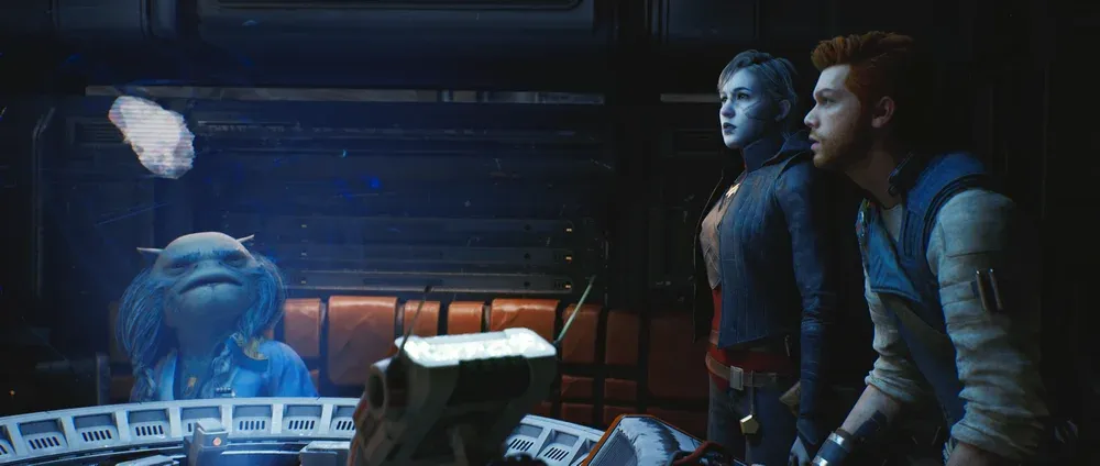A human, a couple of aliens, and a robot are all gathered around a holo table.