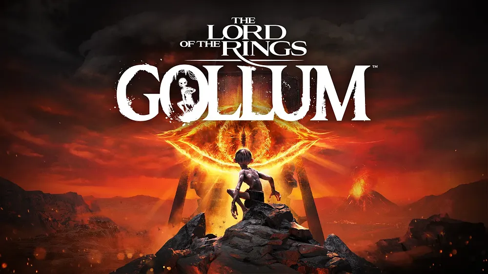 Text: The Lord of the Rings: Gollum. A husk of a hobbit is perched before a giant, firey all seeing eye.