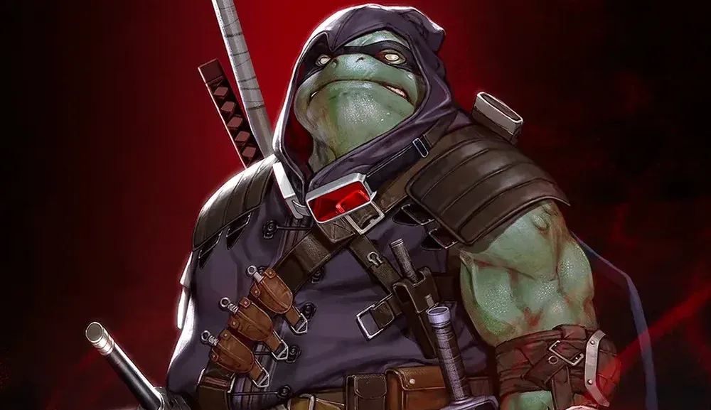 Comic art showing an adult mutant ninja turtle wearing a black mask and wielding several different samurai weapons.