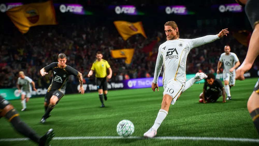A still from a men's professional soccer match in FC 26.