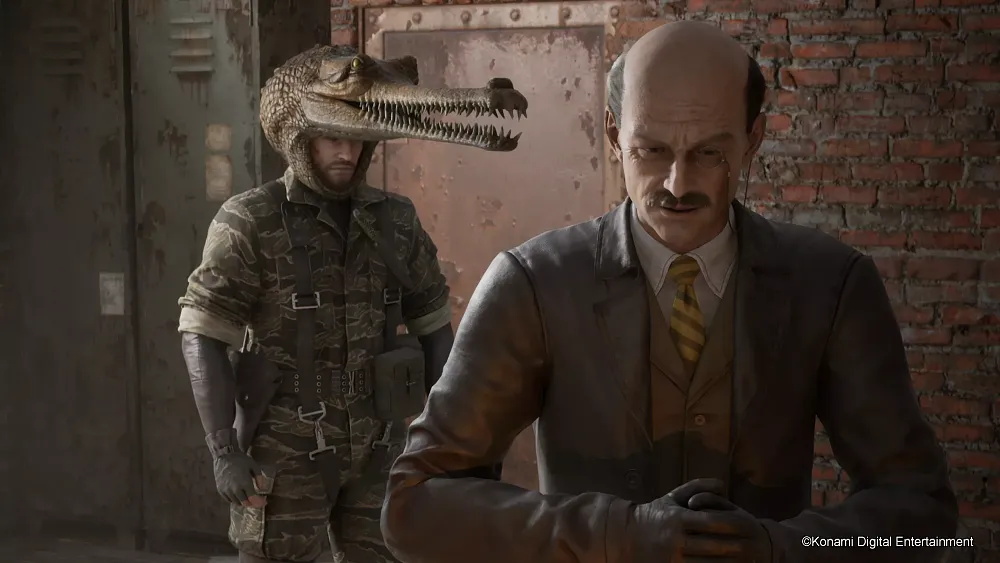 Image from the Metal Gear Solid 3 remake showing Snake with a crocodile hat on and a man looking away worried.