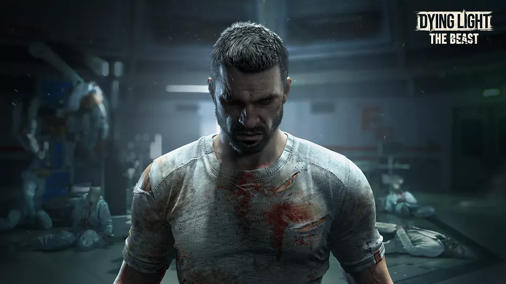 An angry looking man with several bruises and injuries wearing a blood stained and ripped shirt.