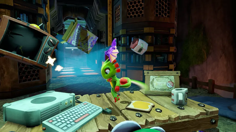 Screenshot from a game featuring a colorful cartoon iguana and bat.