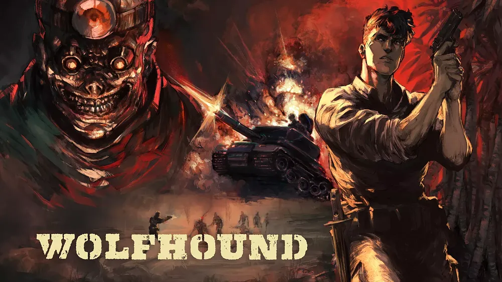 Title says Wolfhound. Image shows an evil scientist person on the left and the hero holding a pistol on the right, all set within World War II.